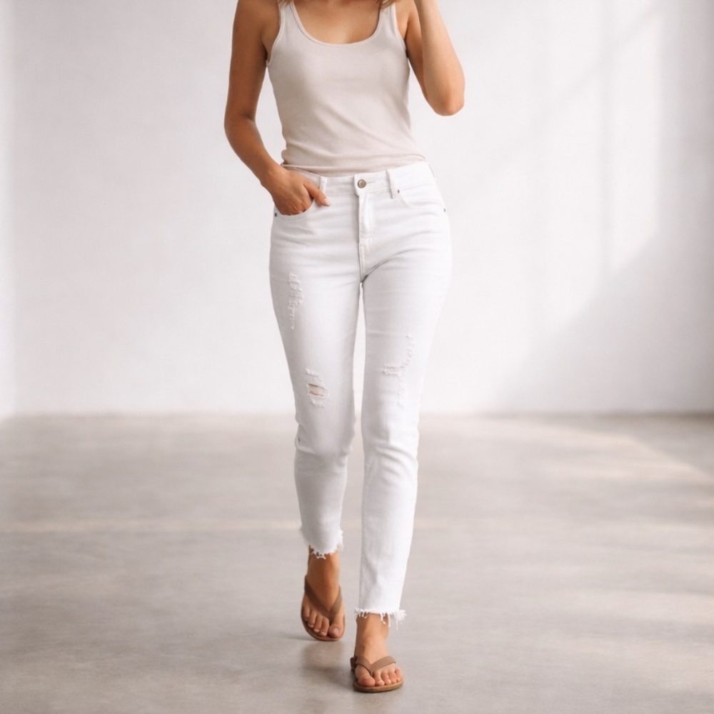 Classic Summer Capsule Distressed High‎ Rise White Skinny Jeans Raw Hem L